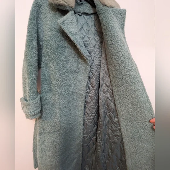 Turquoise Green Longline Robe Teddy Coat With Faux Fur Trim Size S Mermaidcore - Picture 12 of 16